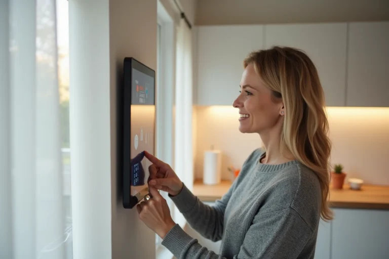 Femme utilisant un tableau de commande domotique dans une cuisine moderne pour contrôler les appareils connectés de sa maison