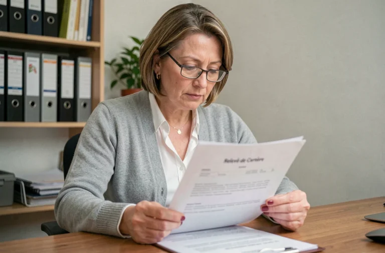 Femme d'une cinquantaine d'années consultant son relevé de carrière de l'Assurance Retraite à son bureau à domicile