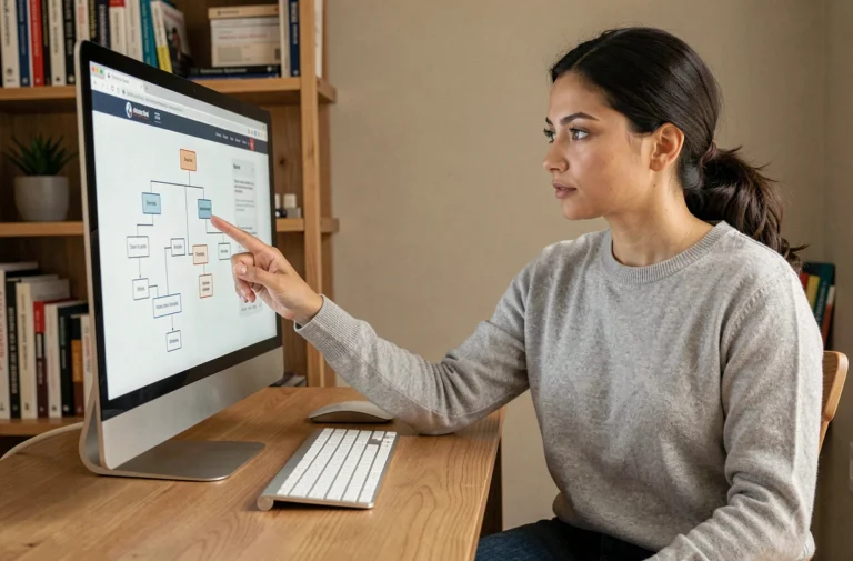 Femme consultant un sitemap structuré sur un écran d'ordinateur dans un bureau à domicile