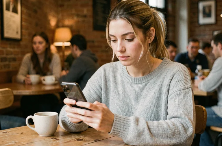 Jeune femme consultant discrètement son smartphone dans un café pour voir des stories Instagram anonymement
