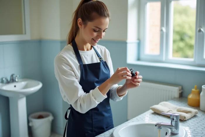 Femme inspectant un siphon de lavabo démonté dans une salle de bain