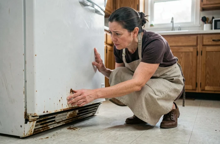 Femme inquiète inspectant les traces de rouille au bas d'un vieux réfrigérateur blanc dans une cuisine modeste