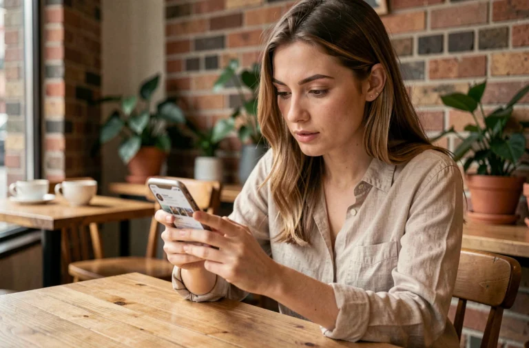 Jeune femme consultant ses demandes envoyées sur Instagram depuis son smartphone dans un café