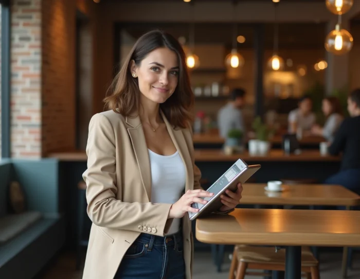Femme investisseuse consultant son portefeuille boursier sur une tablette dans un café urbain tendance