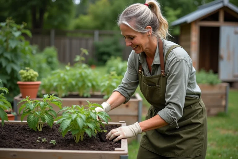 Femme jardinière transplantant des plants de tomates dans un potager surélevé bien organisé avec des rangs de légumes verts et un cabanon en arrière-plan