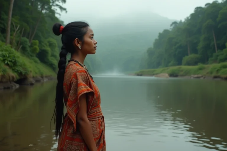 Jeune femme Kalina en tenue traditionnelle au bord d'un fleuve amazonien, illustrant l'histoire et les origines du peuple Kaatsup
