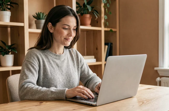 Femme naviguant sur un site web familial depuis son bureau à domicile en utilisant le plan du site
