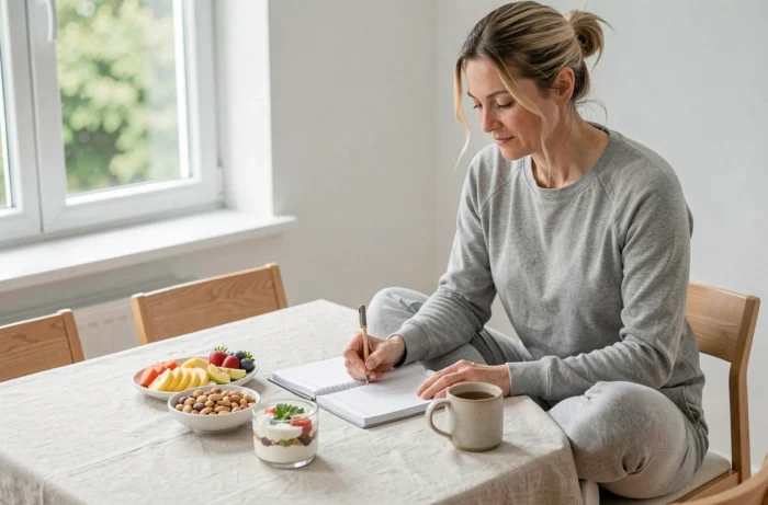 Femme planifiant ses repas sains dans un carnet avec des encas gourmands et équilibrés sur la table