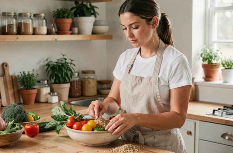 Femme préparant un bol repas équilibré et coloré dans une cuisine naturelle et chaleureuse