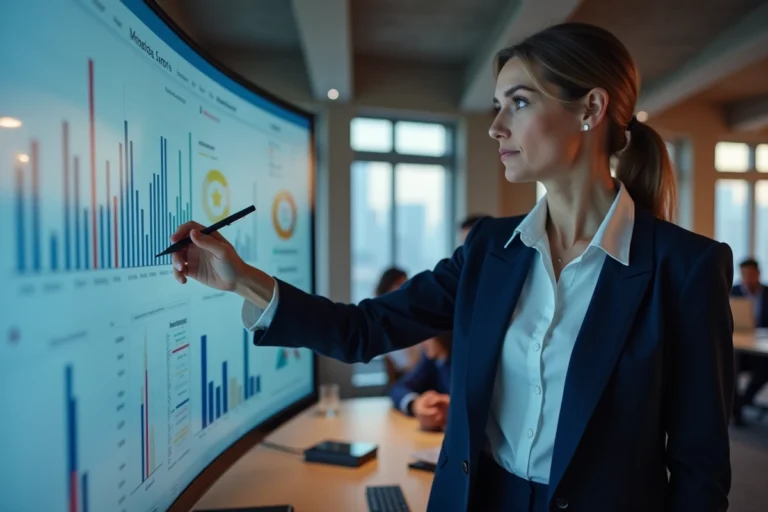 Femme professionnelle analysant des tableaux de bord digitaux et des données d'analytics dans un bureau moderne pour booster la croissance de son entreprise