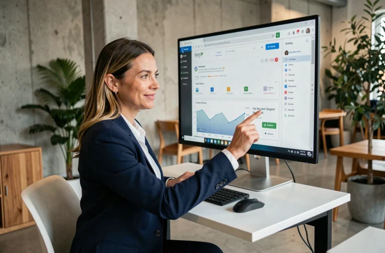 Femme professionnelle analysant un tableau de bord de site web sur mesure dans un bureau moderne pour booster la visibilité de son entreprise