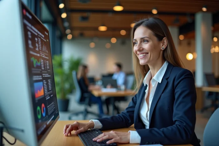 Femme professionnelle pilotant son activité sur un tableau de bord digital dans un bureau moderne