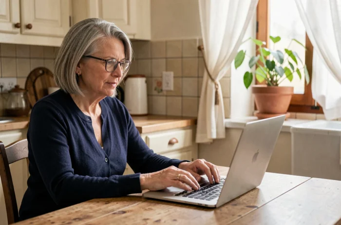 Femme senior utilisant un ordinateur portable pour mettre à jour son compte Agirc-Arrco via FranceConnect dans sa cuisine
