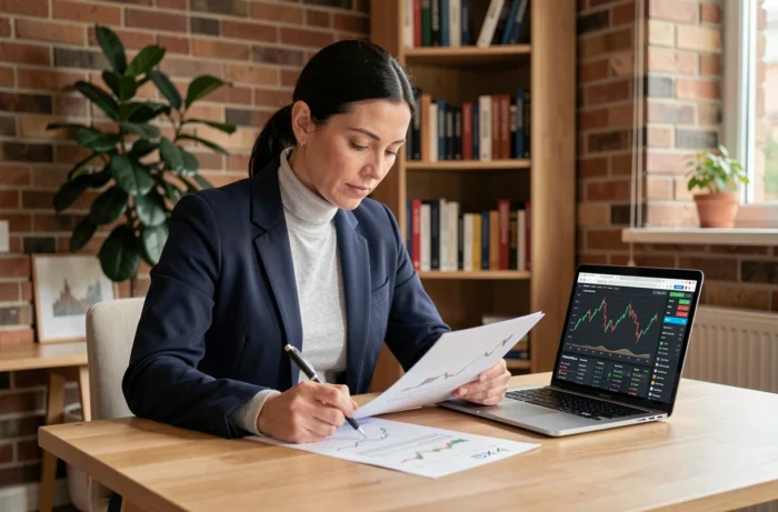 Femme analyste annotant des documents de stratégie boursière BX4 dans un bureau à domicile élégant