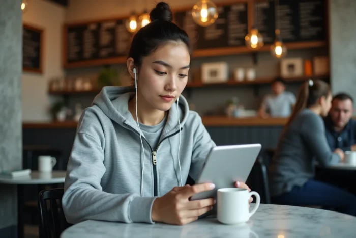 Jeune femme regardant un match de rugby en streaming sur une tablette dans un café urbain