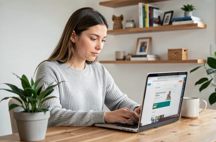 Jeune femme téléchargeant PowerPoint gratuitement sur son ordinateur portable dans un bureau à domicile