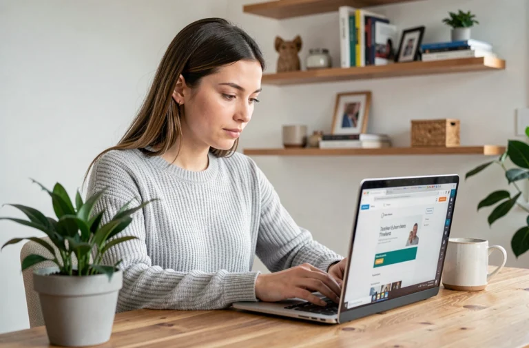 Jeune femme téléchargeant PowerPoint gratuitement sur son ordinateur portable dans un bureau à domicile