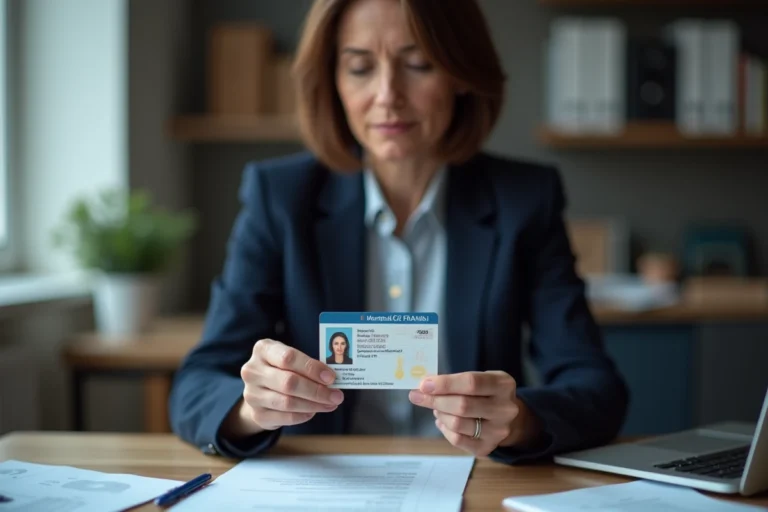 Femme examinant sa carte d'identité française à son bureau à domicile, illustrant la vérification de la durée de validité d'un document officiel