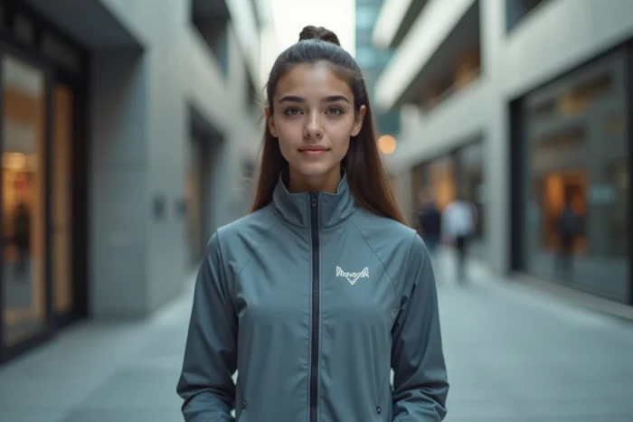 Femme portant une veste Adivak moderne dans un environnement urbain, illustrant les tendances mode 2026 de la marque