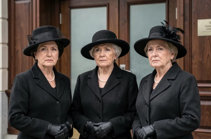 Trois femmes portant des chapeaux de deuil noirs traditionnels devant un salon funéraire
