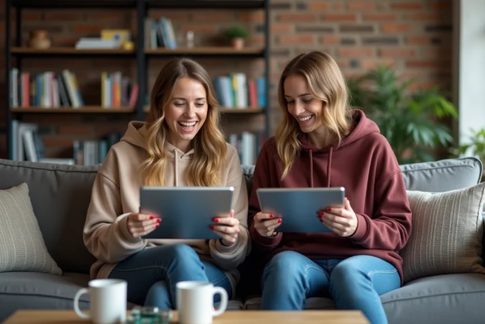 Deux femmes passionnées de culture geek discutant d'articles technologiques sur leurs tablettes dans un salon moderne et décoré de références geek