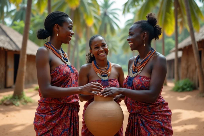 Trois femmes du peuple Kalina en tenue traditionnelle autour d'un vase en argile dans un village guyanais, représentant la culture et les traditions Kaatsup