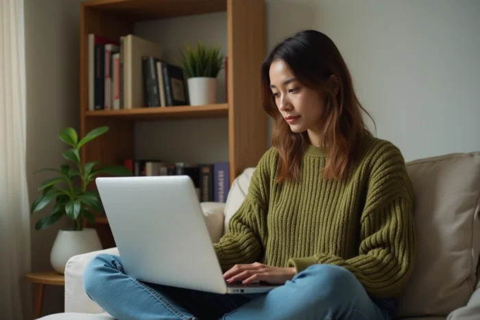 Jeune femme suivant une formation en ligne depuis chez elle pour améliorer son employabilité en 2024