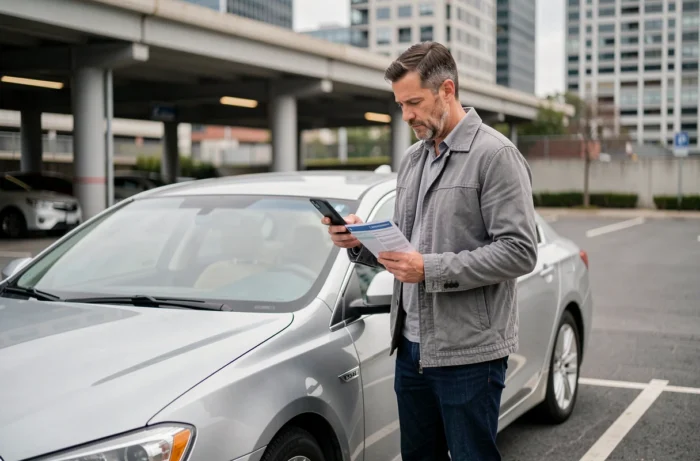 Homme consultant un portail administratif pour véhicule sur smartphone dans un parking urbain