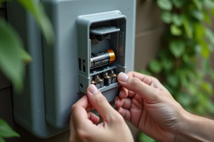 Gros plan sur le compartiment à piles ouvert d'un programmateur d'arrosage avec insertion de batteries