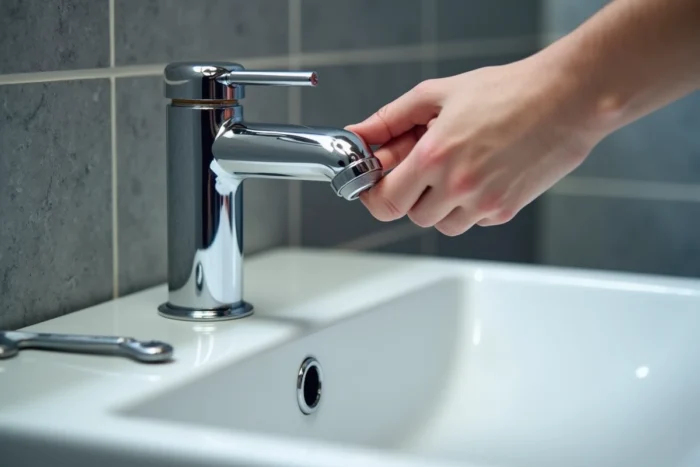 Gros plan sur un siphon chromé en cours de dévissage sous un lavabo mural