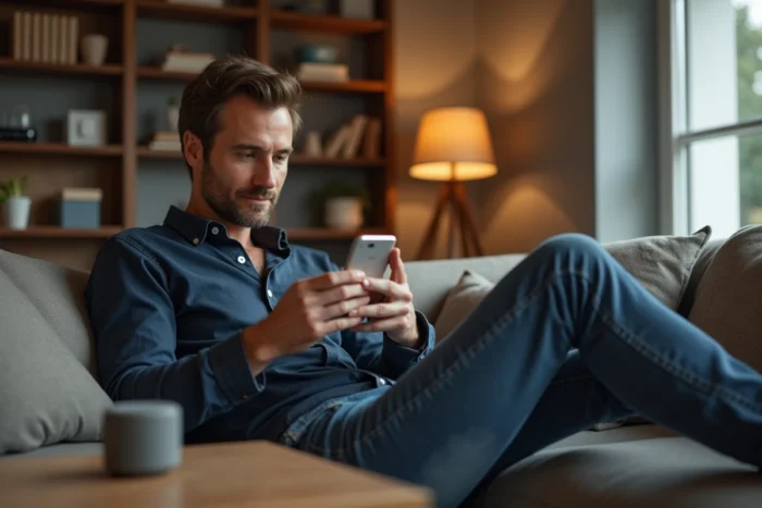 Homme assis dans son salon contrôlant sa domotique connectée via une application smartphone sur son canapé