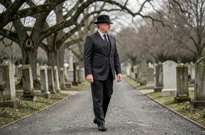 Homme en chapeau homburg noir marchant dans un cimetière lors d'obsèques