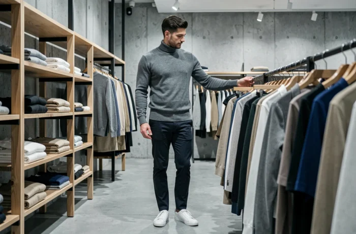 Homme en pull col roulé gris explorant des vêtements dans un concept store minimaliste aux murs en béton