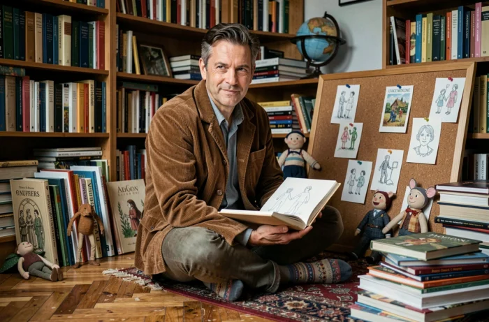 Homme créatif entouré de marionnettes artisanales, de livres illustrés et de dessins fantaisistes dans une bibliothèque personnelle, évoquant l'imaginaire riche et décalé des Enfants Terribles