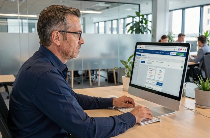Homme consultant son espace personnel de l'Assurance Retraite en ligne depuis un ordinateur de bureau au travail
