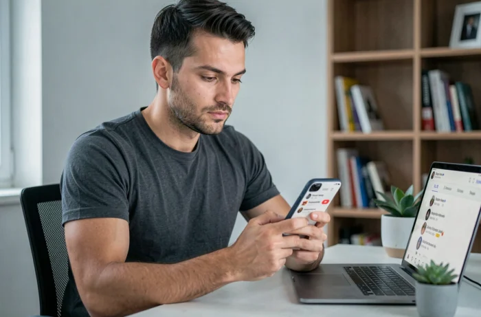 Homme gérant ses abonnements et demandes Instagram sur smartphone dans un bureau à domicile