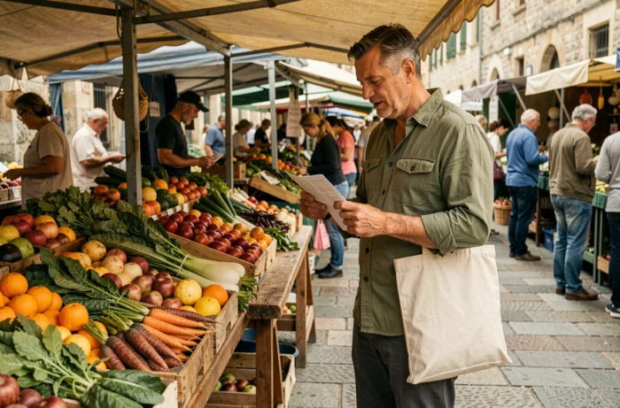 Homme faisant ses courses au marché de producteurs locaux pour une alimentation saine et gourmande