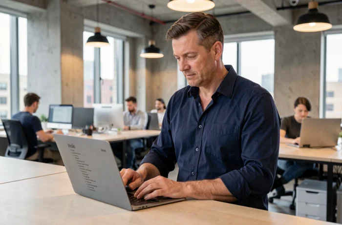 Homme debout dans un open space consultant la page sitemap d'un site web sur un ordinateur portable