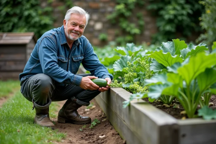 Homme âgé accroupi dans un potager luxuriant en été avec courgettes, choux frisés et haricots grimpants devant un muret en pierre