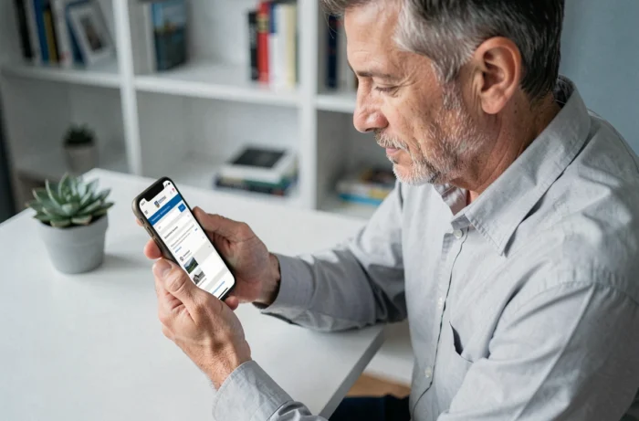 Homme retraité utilisant un smartphone pour accéder à son espace Agirc-Arrco avec FranceConnect depuis son bureau à domicile