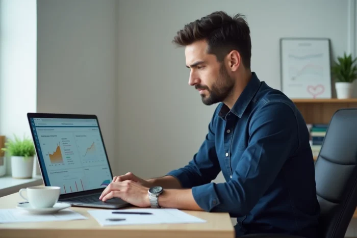Homme français consultant un tableau de bord de finances personnelles sur ordinateur portable dans un bureau à domicile moderne