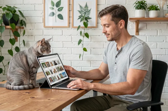Homme consultant l'application de réseau social pour amateurs de chats Aplouf sur une tablette dans un bureau à domicile avec son chat