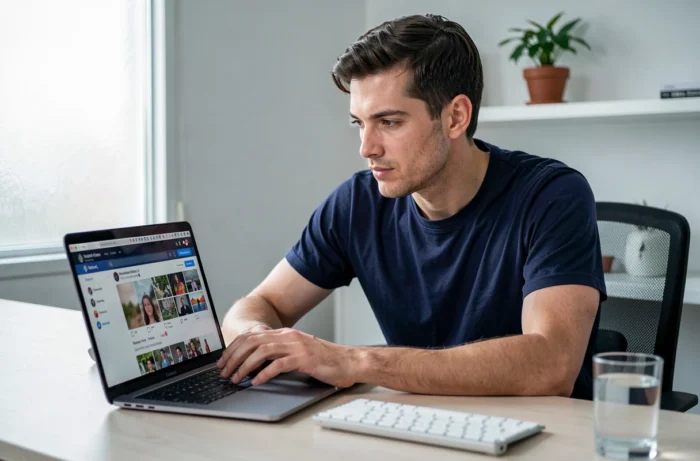 Homme naviguant discrètement sur les réseaux sociaux depuis son bureau à domicile pour visualiser des stories de marques