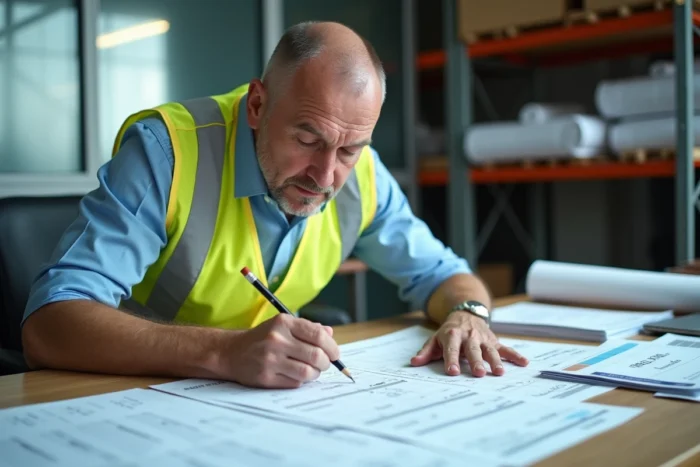 Ingénieur civil analysant des tableaux de révision de prix BTP basés sur l'indice BT47 dans un bureau de chantier