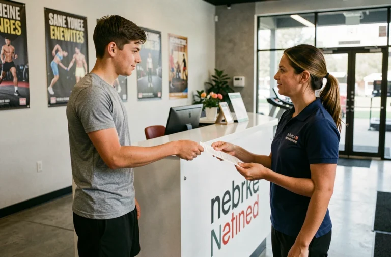 Jeune adolescent s'inscrivant à la salle de sport Basic Fit avec l'aide d'un membre du personnel à l'accueil