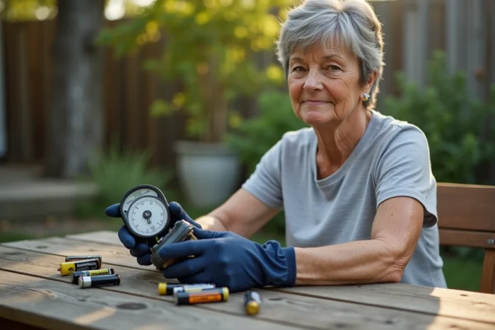 Femme inspectant les piles d'un programmateur d'arrosage sur une table de jardin en bois