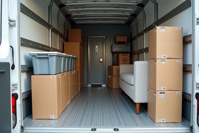 Intérieur d'un camion 10 m3 chargé avec des meubles et des cartons de déménagement bien organisés