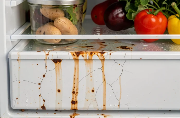 Intérieur d'un réfrigérateur montrant de la rouille et une détérioration de l'émail blanc près du bac à légumes avec des aliments stockés