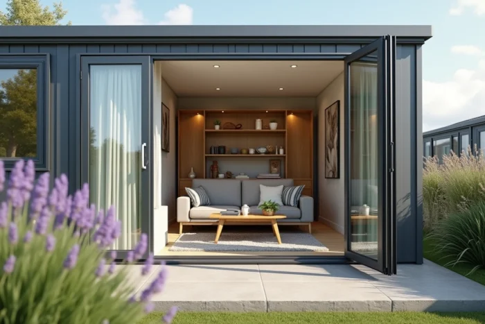 Intérieur moderne d'un mobil-home avec vue sur la parcelle privée et jardin en parc résidentiel