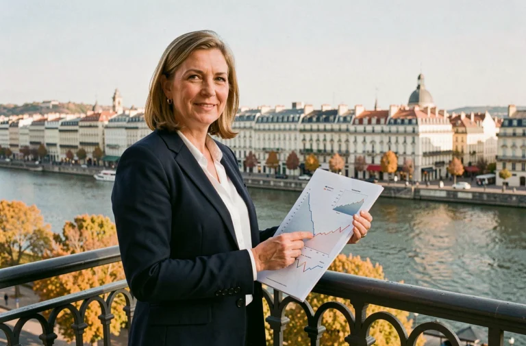 Investisseuse immobilière analysant les prix du marché lyonnais depuis un balcon avec vue sur la Presqu'île et la Saône